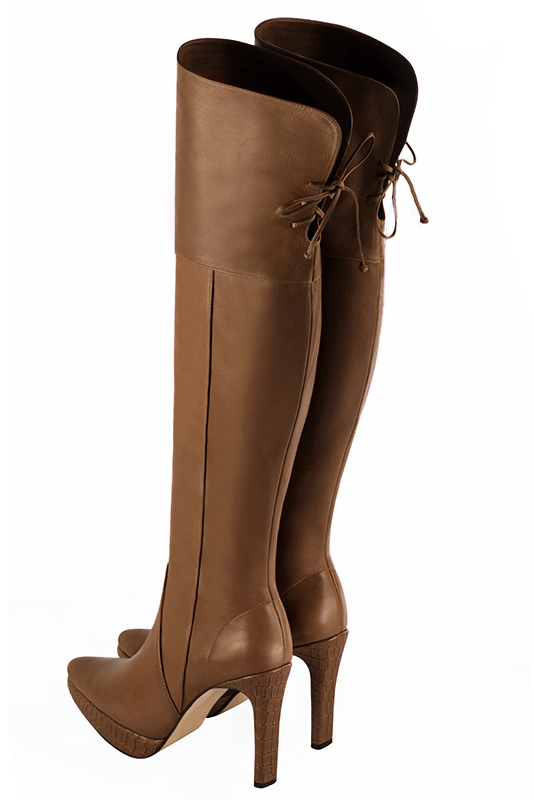 Caramel brown women's leather thigh-high boots. Tapered toe. Very high slim heel with a platform at the front. Made to measure. Rear view - Florence KOOIJMAN
